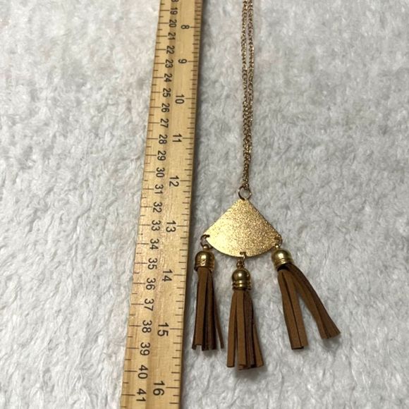 Gold Tone Triangle Leather Tassel Pendant Long Necklace 31" - Picture 5 of 5